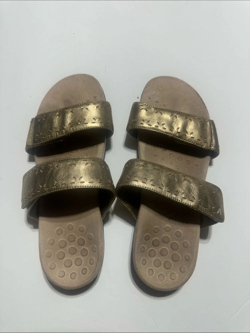Vionic Randi Metallic Gold Double-Strap Slide Sandals with perforated details